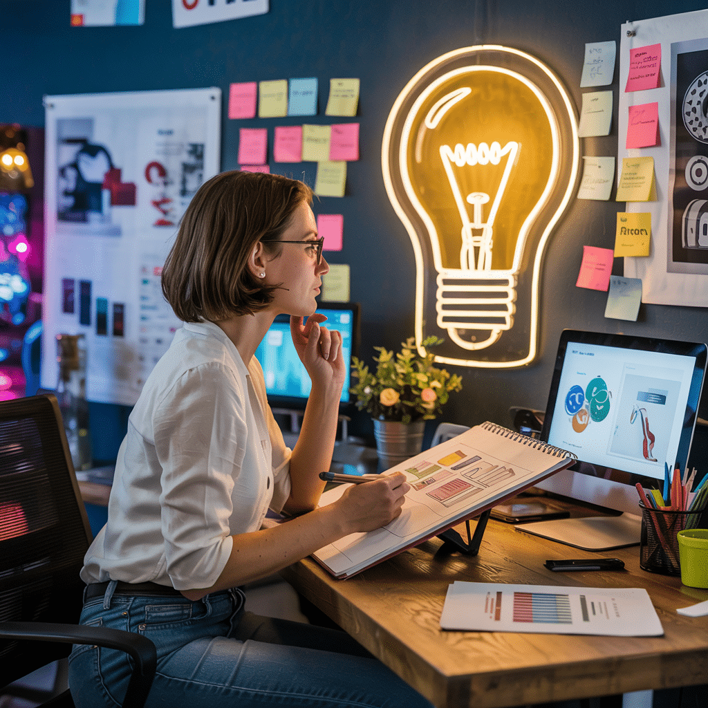 woman sitting at a computer coming up with ideas